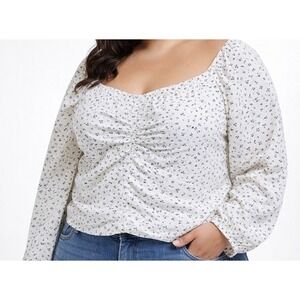 Aeropostale Floral Puff Sleeve Top Womens XL Cream Navy New Button Front Smocked